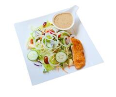 Fresh and Colorful Mixed Salad with Grilled Chicken and Dressing on a White Plate Isolated on White Background photo