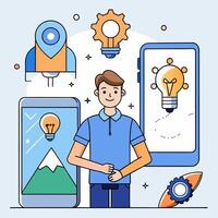 User being inspired by the possibilities of an app. Flat style vector