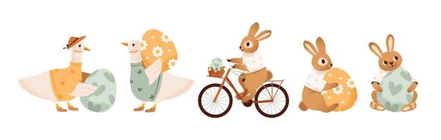 Easter rabbits, decorated eggs, and festive spring flowers. Christian celebrations. Cute and joyful spring set with Easter bunnies and geese. Flat illustration. vector