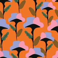 seamless doodle abstract flowers pattern on orange background vector