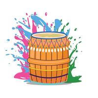 Festive Holi design featuring an Indian drum surrounded by colorful splashes, celebrating tradition and joy vector