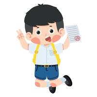 Boy student jump and feel happy because get good grade from exam vector