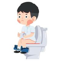 Kid sitting on toilet with paper roll in hand vector