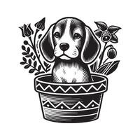 Beagle Dog In A Flower Pot Design Black and white vector