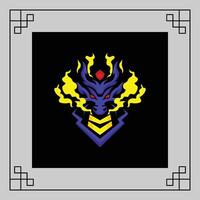 A purple and yellow demonic or monstrous face with glowing eyes and flames emanating from the sides, set against a dark background with a geometric border vector
