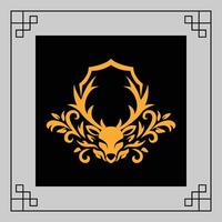 A golden deer head silhouette with ornate floral patterns against a black background, framed by a simple gray border vector