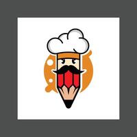 A cartoon chef's hat with a pencil inside, against an orange background with polka dots vector