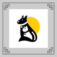 A black cat sitting next to a yellow sun against a gray background with a simple geometric border vector