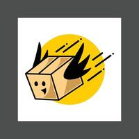 A cardboard box with a smiley face icon, against a yellow circular background vector