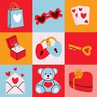 Valentines day geometry element set collection with cards, sunglasses, ring, lock and key. Flat illustration vector