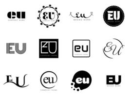 EU logo company template. Letter e and u logotype. Set different classic serif lettering and modern bold text with design elements. Initial font typography. vector