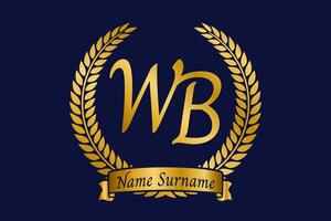 Elegant gold WB monogram encircled by laurel wreath, featuring a customizable name banner. Perfect for branding, invitations, and luxury designs. Adds sophistication and prestige to any project. vector