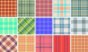 Collection of 15 vibrant plaid patterns. Perfect for textile design, web backgrounds, or fashion projects. Diverse colors styles offer versatility. High-resolution image ideal for print digital use. vector