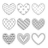 This is a set of nine graphics featuring different variations of a heart shape. Each heart has a unique pattern, including polka dots, stripes, and checkered designs. vector