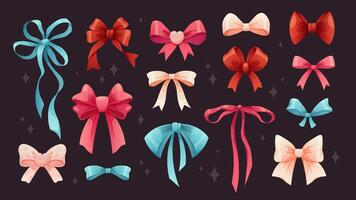 Set of delicate bows for girls or for Valentines Day. Festive ribbons tied in bow. isolated elements vector