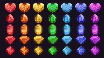 Set of gemstones in different shapes. Rainbow stones, ruby, sapphire, topaz, amethyst, emerald. UI icons of gems for games vector