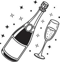 a black and white illustration of a bottle of champagne and a glass of champagne. vector