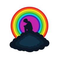 A silhouette of a person sitting on a dark cloud, with a rainbow forming a halo around them. vector