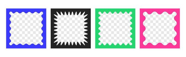 set of doodle colored frames with scallop edges. Jagged wavy text box with empty transparent space inside. Wave squiggle photo borders, funky wiggly mirrors or curvy undulate frameworks vector