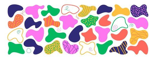 Liquid organic shapes set, irregular form in vibrant colors. Colorful simple freeform, asymmetric blob. Random deformed abstract figures. Wavy spots or fluid amorphous splodges. Modern uneven blots vector