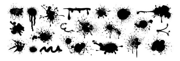 Set of black spray paint blots, wavy lines, ink splatters. Blobs, stripes, inky drips in graffiti grunge texture. Brush strokes, stains with spatters and drops. design elements in street style vector