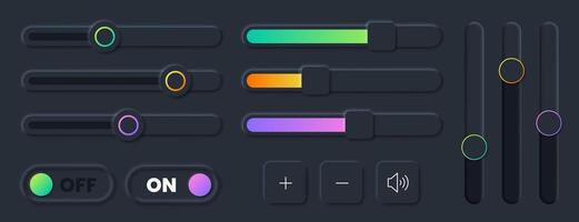 set of scroll bar icons, sliders, scrollbar volume. Grey ui controls web elements for website, app user interface or internet page. Brightness controller, turn on and off toggle switch buttons vector