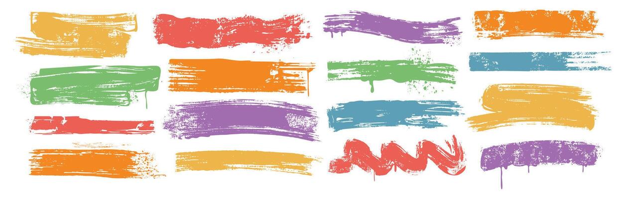 set of colored brush strokes, ink bold lines. Dirty grunge design elements, rough paintbrush smears, scribbles on white background. Freehand spray paint underline stripes with drips, splatters