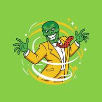 A grinning green-faced character in a yellow suit dynamically poses within swirling lines against a green background. vector