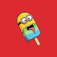 A cartoon Minion character is depicted as a melting multi-colored popsicle on a stick, enjoying the summer heat. vector