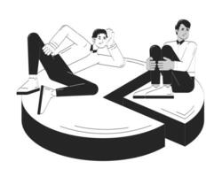 Unfair profit sharing doodle line illustration concept. Disproportional segments. Business partners with different parts of pie chart 2D outline characters isolated. Hand drawn ink drawing monochrome vector