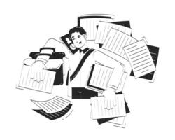 Asian businessman dealing with multiple tasks doodle line illustration concept. Young man entrepreneur overloaded with corporate work 2D outline character isolated. Hand drawn ink drawing monochrome vector