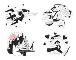 Adults engaging in business activities doodle line illustration concept set. Multiracial businesspeople work routine 2D outline characters isolated. Hand drawn ink drawing monochrome collection vector