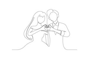 Couple making heart shape with hands one-line art drawing. Married couple outline vector