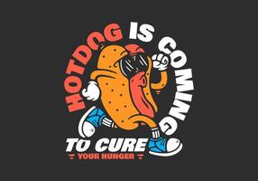 Hot Dog with sunglasses character in running pose. Hotdog is coming vector