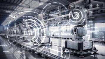 Robotic arms working in a futuristic factory setting with augmented reality. video