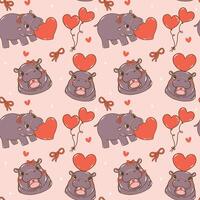 Retro Coquette Valentine Cute Baby Pygmy Hippo Seamless Pattern isolated on background vector