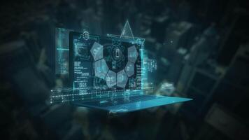 Futuristic laptop displaying hologram interface with data analysis and charts video
