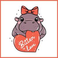 Cute Valentine Moo Deng Baby Pygmy Hippo bite red Heart Hand Drawn Cartoon Character vector