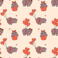 Retro Valentine Cute Baby Pygmy Hippo with balloons Seamless Pattern isolated on background vector