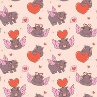 Retro Valentine Moo Deng Seamless Pattern Baby Pygmy Hippo isolated on background vector