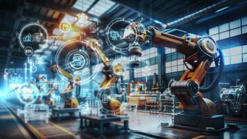 Advanced factory showcases robotic arms performing automated tasks. video