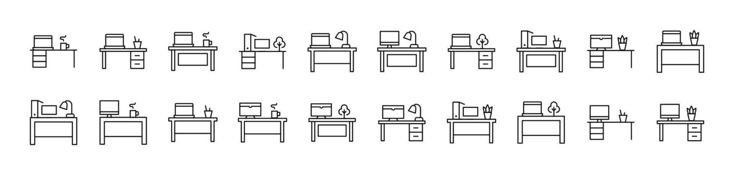 Computer on Table Set of Thin Icons. Editable Stroke. Suitable for Web Sites, Books, Cards, Apps vector