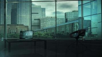 Visualization of data security on a laptop against a modern office backdrop video