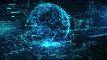 Hologram of planet earth rotating showing data analysis video