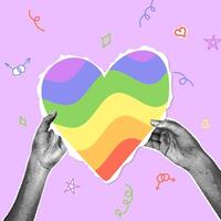 Trendy halftone collage. Collage on the theme of pride month in retro style. Hands with halftone effect holding paper cut out heart in scrapbooking style. Trendy retro collage vector