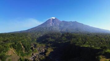 4k landscape of active volcano in detail with green forest in front. Panoramic aerial drone footage of Mount Merapi from a short distance with a beautiful view on a summer morning video