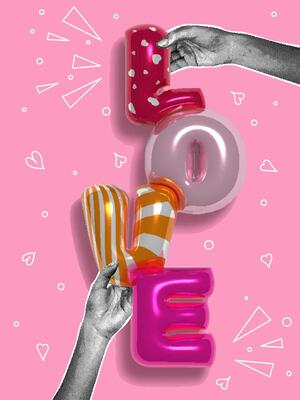 Trendy halftone collage. Halftone hands with 3d blown text effect. Happy valentine with doodle elements