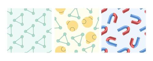 Seamless patterns with molecules, atoms, and magnets in flat doodle style vector