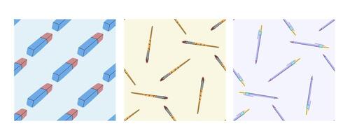 Seamless patterns with erasers, paint brushes, and pens in flat doodle style vector