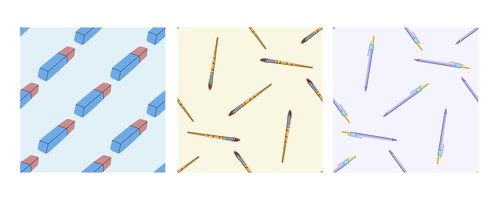 Seamless patterns with erasers, paint brushes, and pens in flat doodle style